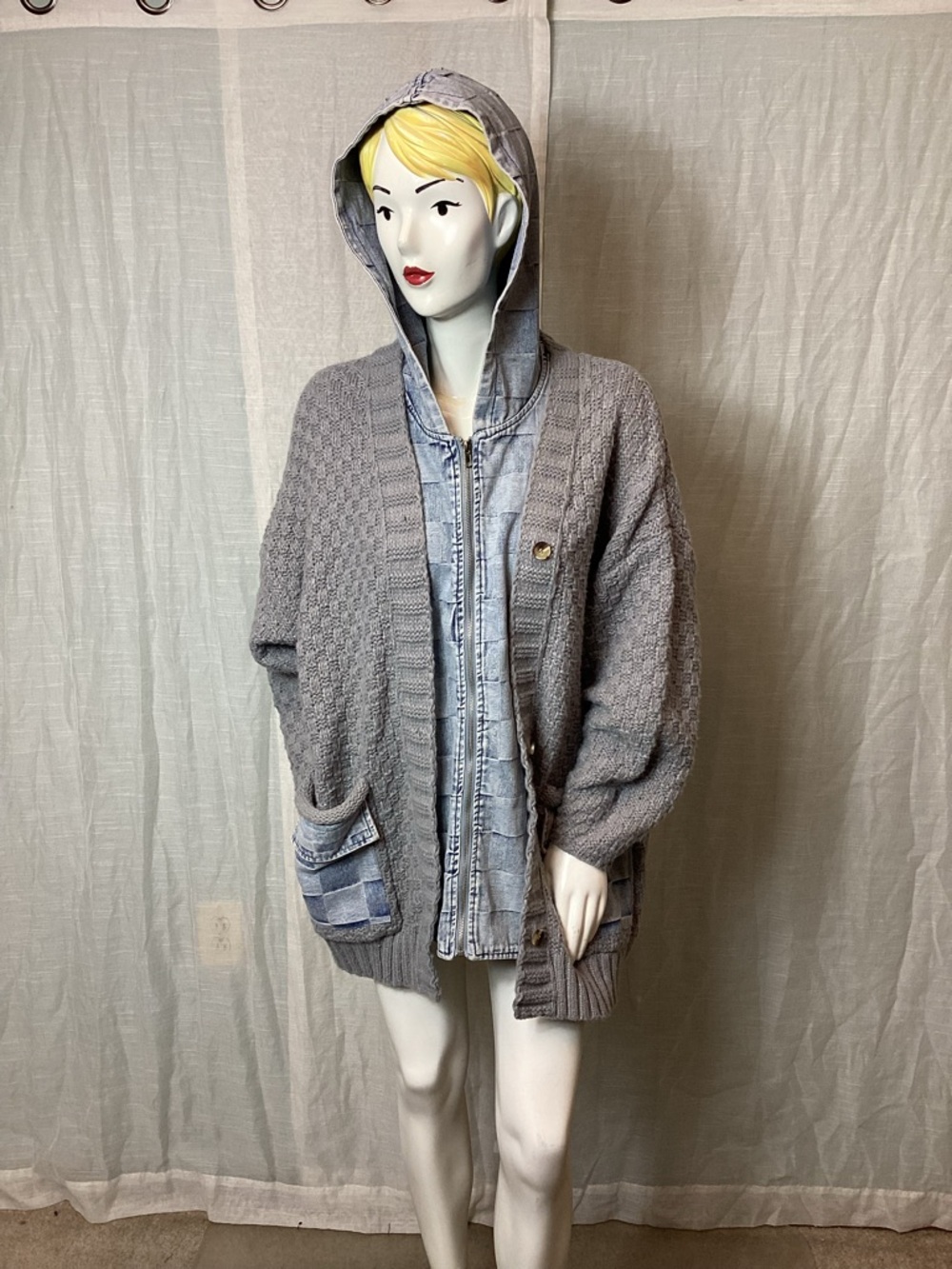 BiBi Washed Checker Denim zip-up Sweater Cardigan; Size: S
